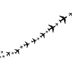 A trail of black airplane silhouettes flying in a curved formation.