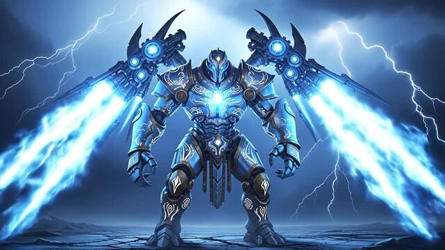 A futuristic armored robot angel with powerful glowing blue energy cannons for wings in a storm