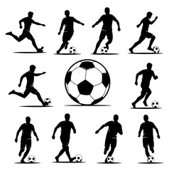 Dynamic soccer player silhouettes in action kicking a ball on white vector