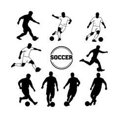 Dynamic soccer player silhouettes in action demonstrating various kicking poses and movements vector