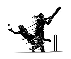 Dynamic silhouette of women's cricket match action with batter and fielder vector