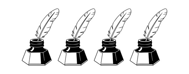 Four antique inkwells with quills ready for writing historical literature and poetry vector