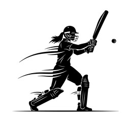Dynamic silhouette of a female cricketer batting in action with motion lines vector