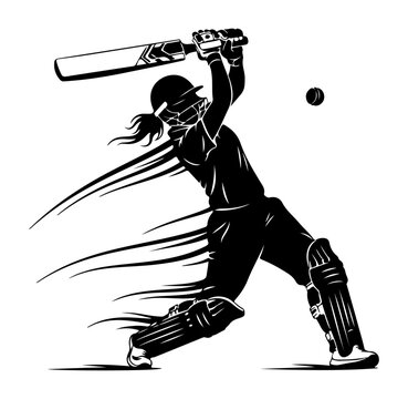 Dynamic female cricketer swinging bat mid-game capturing fast action silhouette vector