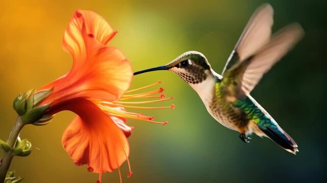 Close-up video shot of a hummingbird feeding on a vibrant orange flower, showcasing vivid colors and intricate details in a natural setting. Live desktop wallpaper.