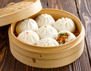 Steaming Bamboo Steamer Basket Filled with Plump, White Bao Buns, One Partially Opened Revealing Savory Filling.