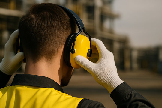 back view of worker adjusting yellow earmuff with protective gloves at industrial site