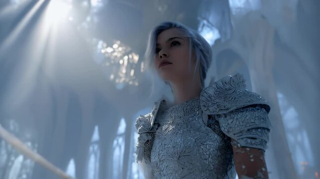 Armored valkyrie with silver braids holds sword in cathedral