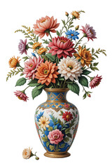 Obraz premium A vibrant floral arrangement in an ornate vase, showcasing a variety of colorful blossoms.