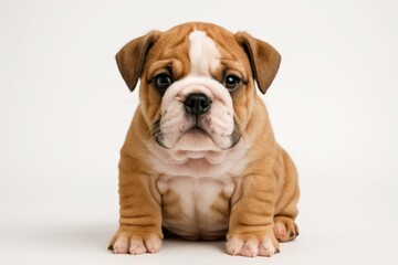 Charming wrinkled English bulldog puppy in a red bandana standing on seamless white studio background with soft shadow high detail photoreal portrait