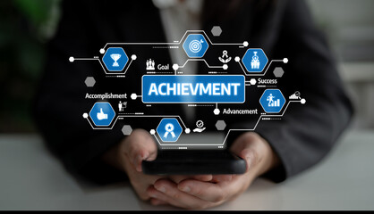 This image showcases concepts of achievement in business through digital icons representing goals, success, and advancement, emphasizing modern technology role. Tessel