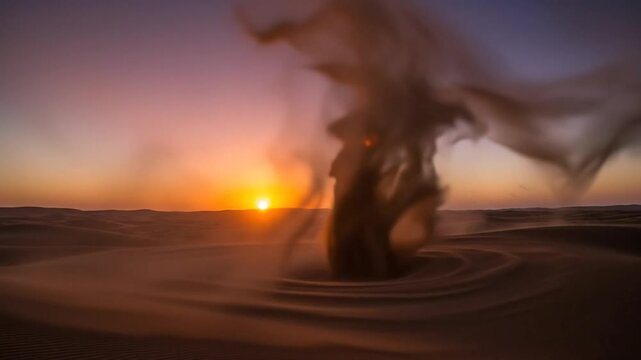 A magical sand spirit or djinn rising from the desert in a swirl of motion during sunset