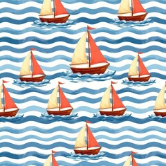 Vibrant Seamless Pattern of Red Sailboats on Blue Wavy Water