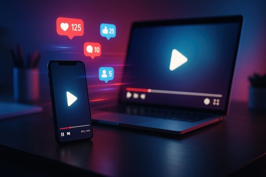 Content creator desk with smartphone and laptop streaming viral video as social media icons burst outward in dynamic neon gradients and bokeh