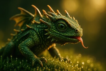 Fototapeta premium Emerald chameleon dragon perched on a mossy branch shimmering iridescent scales curling tail and rim light blending into a lush rainforest bokeh