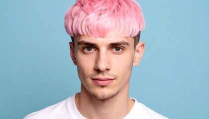 Portrait of Young Man with Pink Bowl Cut Hairstyle Against Light Blue Background