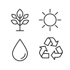 Set of simple line icons showing plant, sun, water, and recycling. Modern outline symbols for ecology, renewable resources, and sustainable environment in vector design