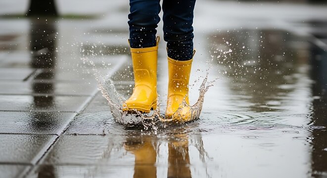 Joyful Splash: A child wearing vibrant yellow boots leaps with glee into a puddle, creating a captivating moment of youthful exuberance amidst the refreshing rainy environment.