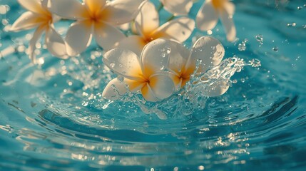 Delicate white plumeria flowers gracefully descending into rippling turquoise water, showcasing beautiful water splashes and a serene ambiance.