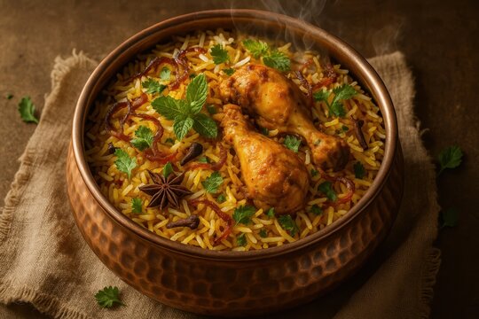 Steaming chicken biryani served in a traditional copper handi with saffron rice caramelized onions herbs and spices authentic Indian cuisine top view
