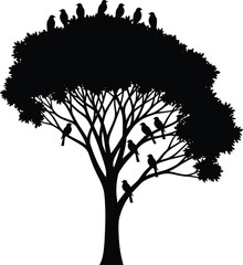 Silhouette of a tree with birds perched on its branches and in its foliage against a white background scene