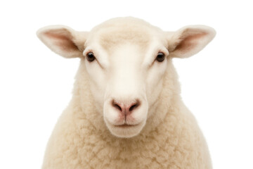 Fototapeta premium Gentle sheep portrait front view on pure white background high detail farm animal head isolated for cutout mockups education and veterinary use