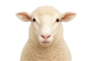 Fototapeta premium Gentle sheep portrait front view on pure white background high detail farm animal head isolated for cutout mockups education and veterinary use