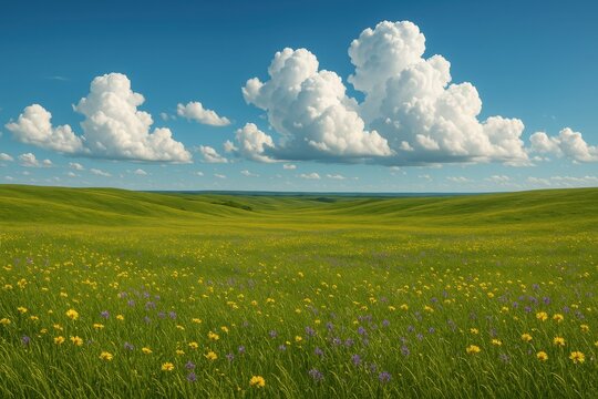 Sunlit rolling meadow with wildflowers under expansive summer blue sky and billowing white clouds panoramic landscape minimal generative art look
