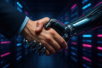 Human hand clasping advanced robotic hand in a neon lit server corridor symbolizing trustworthy AI collaboration and secure enterprise technology partnership