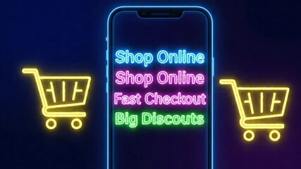 Neon smartphone display showing shop online, fast checkout, big discounts