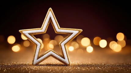 Fototapeta premium Golden star decoration on shimmering table with bokeh lights background for festive celebrations and holidays