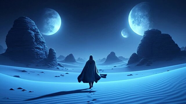 Lone traveler in a cloak walking across a vast desert landscape under the light of three moon