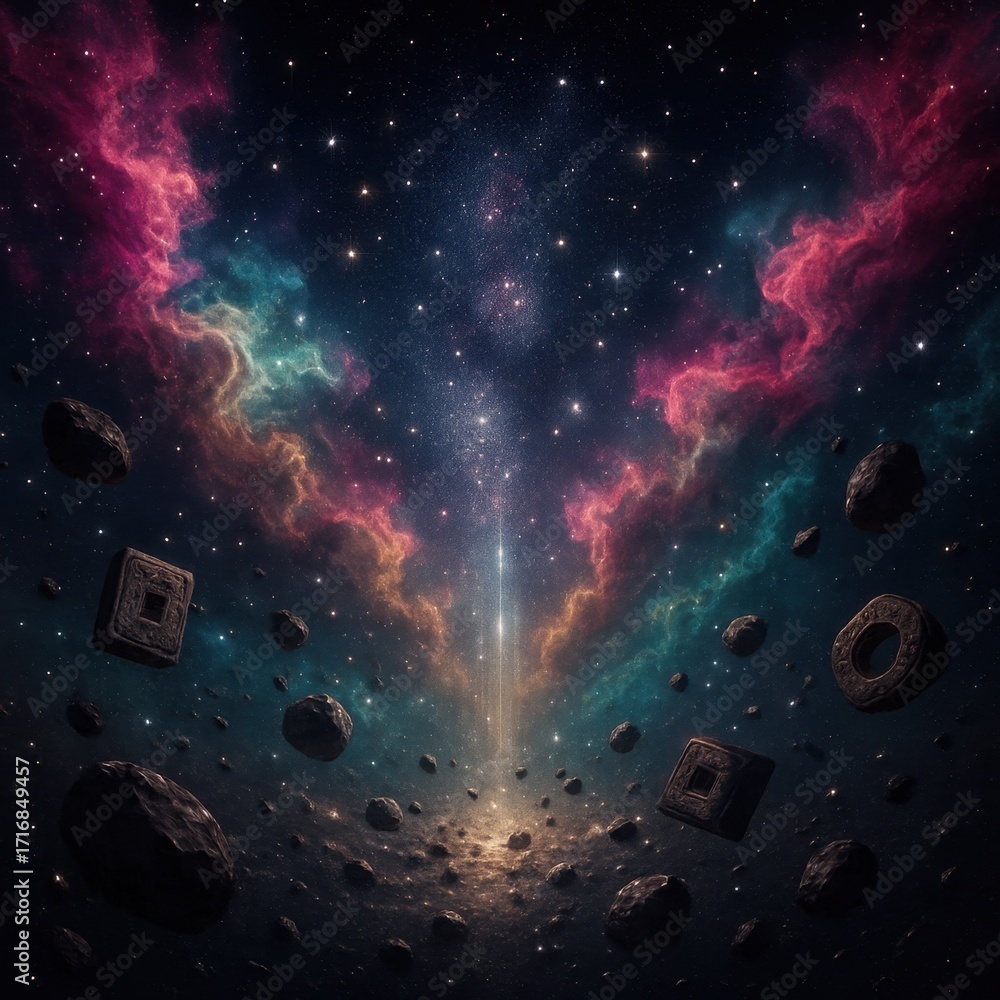 Poster extraterrestrial celestial canopy with cascading stardust nebula plumes and floating cosmic artifact