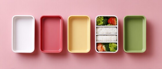 Colorful Bento Boxes on Pink Background for Lunch Preparation and Food Organization