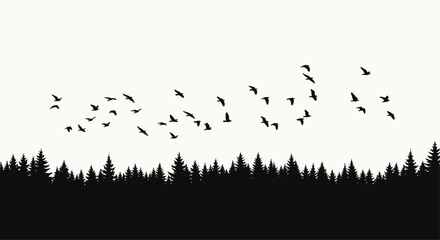 Silhouette of forest trees and flying birds against a light background creating a peaceful scene effect