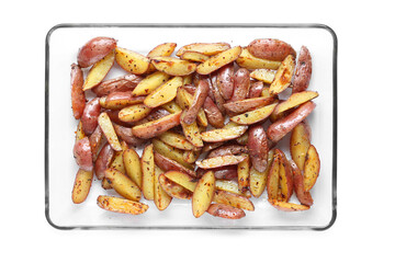 Baking dish with tasty baked potatoes isolated on white background