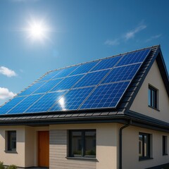 Fototapeta premium Modern residential rooftop solar arrays in bright sunlight clean energy home technology efficiency eco friendly power generation suburban sustainability