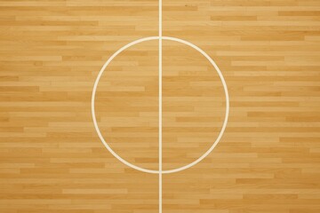Polished maple basketball court floor top down view with painted lines and center circle glossy finish gymnasium wood texture clean sports background