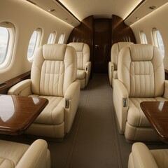 Luxurious private jet cabin interior with cream leather seats warm wood accents and panoramic windows at cruising altitude