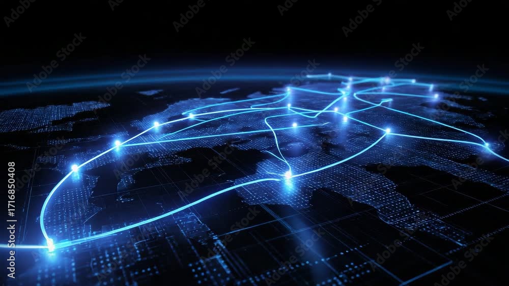 Poster a digital network map showcasing interconnected nodes and pathways representing modern connectivity 