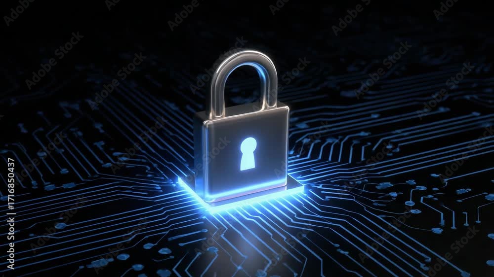 Poster a digital padlock illuminated on a circuit board, symbolizing cybersecurity and data protection in t