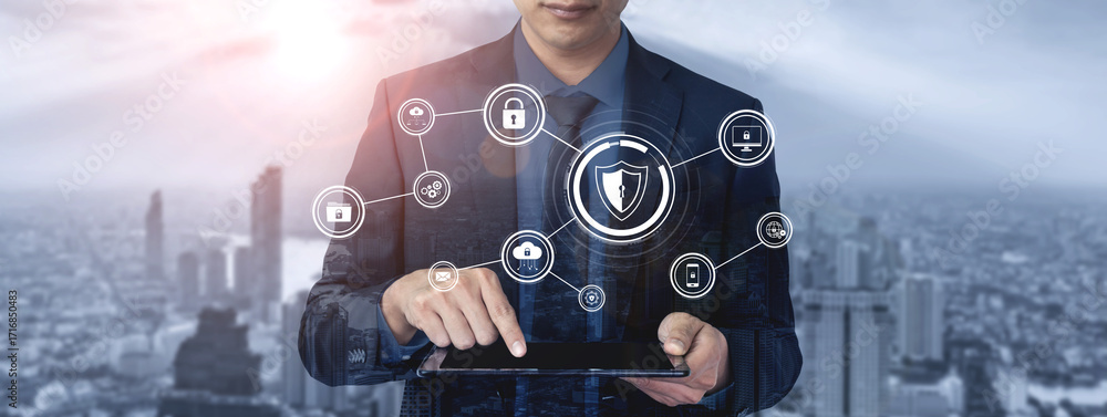 Poster cyber security protects against breaches, hacks, and network attacks using strong infrastructure and