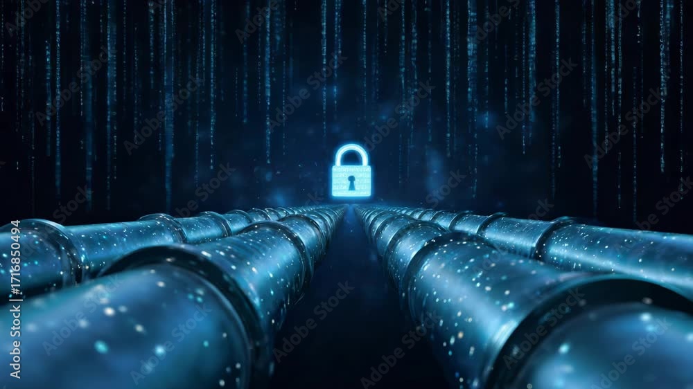 Aufkleber a digital representation of a secure data flow with glowing pipes leading to a lock, symbolizing cyb