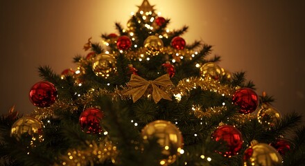 Decorated christmas tree with gold star red and gold ornaments and a gold ribbon in a warm light