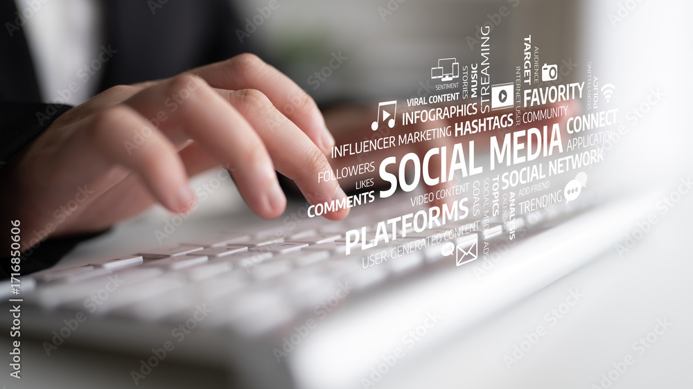 Aufkleber a creative representation of hands typing on a keyboard with various social media terms visualized, 