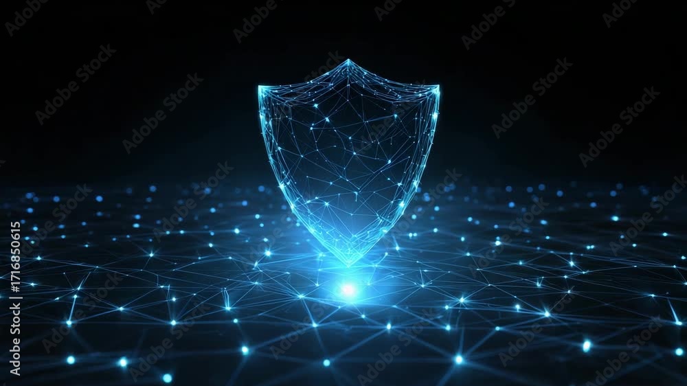 Poster a futuristic blue digital shield representing cybersecurity and data protection in a connected netwo