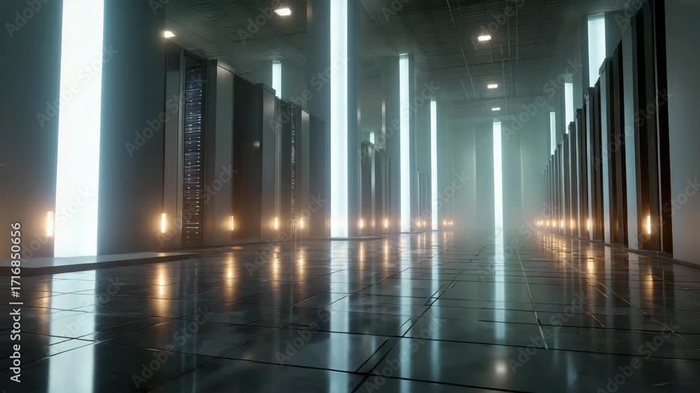 Poster a futuristic corridor illuminated by bright lights, showcasing modern architecture and advanced desi