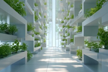 Fototapeta premium Bright modern interior with geometric vertical gardens, lush green plants, and natural light.