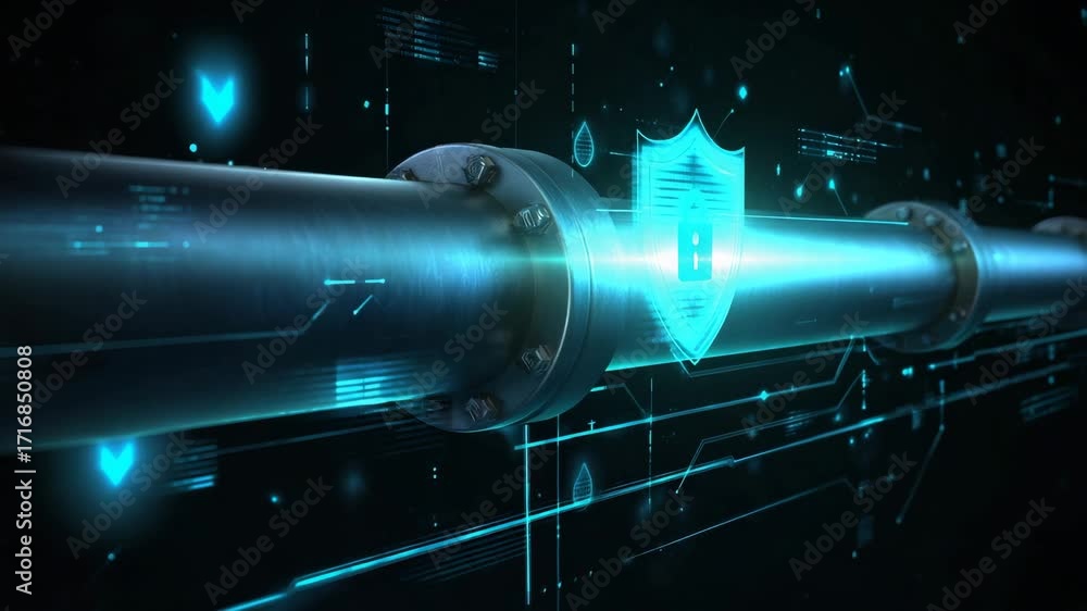 Poster a futuristic digital pipeline with glowing elements and a shield symbol, representing cybersecurity 