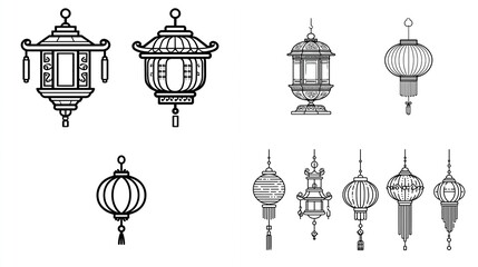 Collection of detailed lantern illustrations in various styles. Vector graphic icons